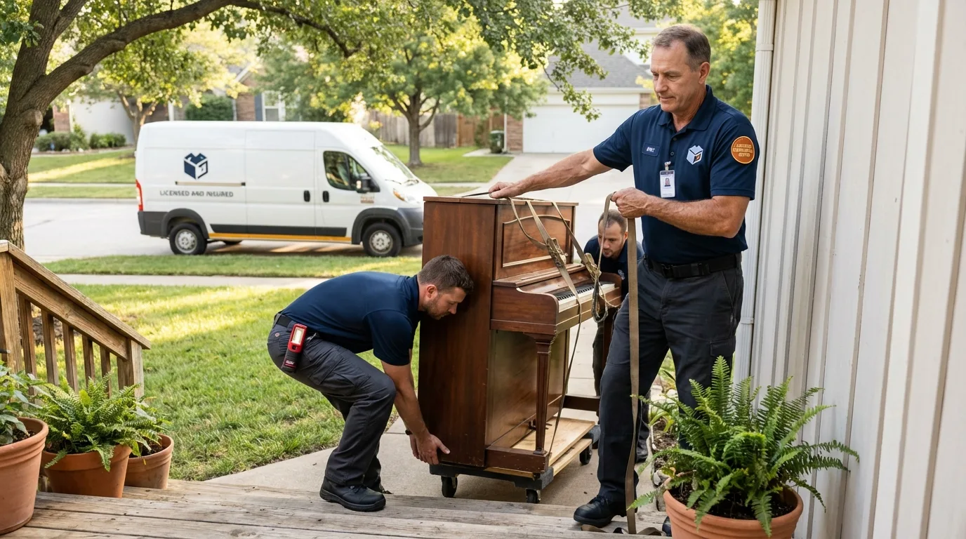 Licensed piano movers securing grand piano in Coronado, CA