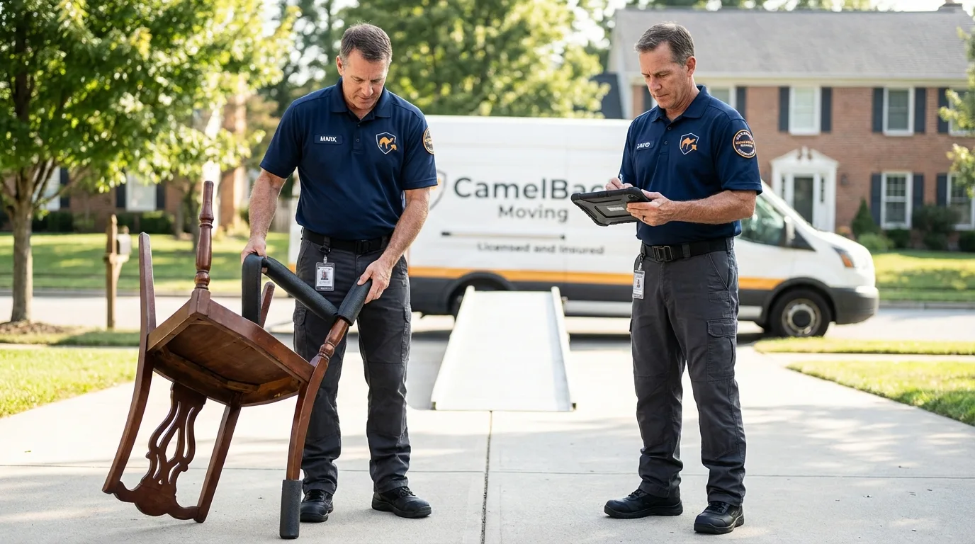 Movers inspecting furniture for damage prevention before loading in Coronado, CA
